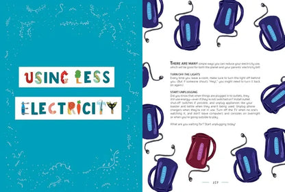 Book page with colorful text and illustrations of electric kettles on a blue background