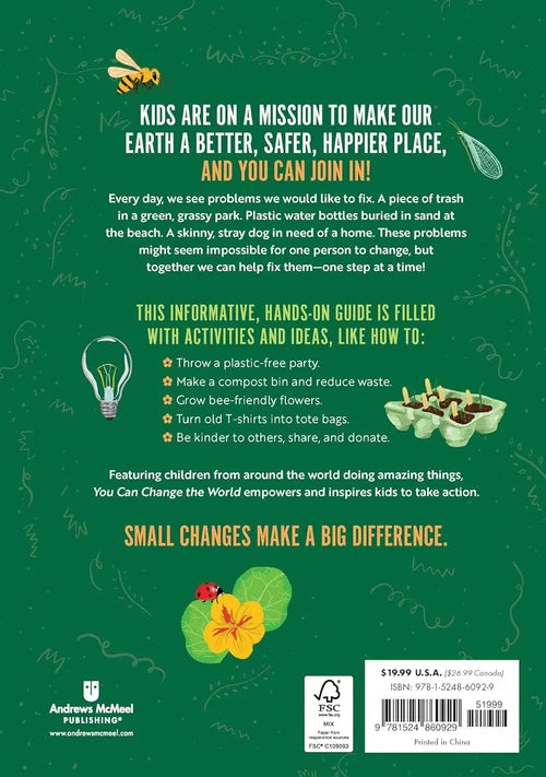 Back cover of a book with green background and text about environmental education for kids.