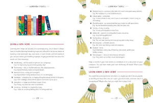 Sheet with educational content on learning new things, including books and badminton rackets.