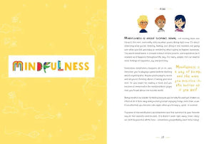 Book page about mindfulness with colorful illustrations and text on a yellow background