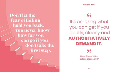 Motivational quote on a pink and white background with stair design