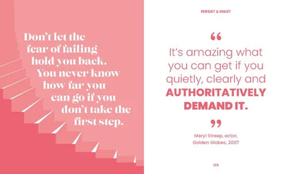 Motivational quote on a pink and white background with stair design