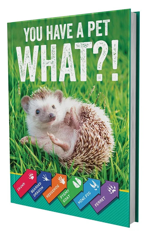 Book cover with a hedgehog illustration and text about pet options on a green background