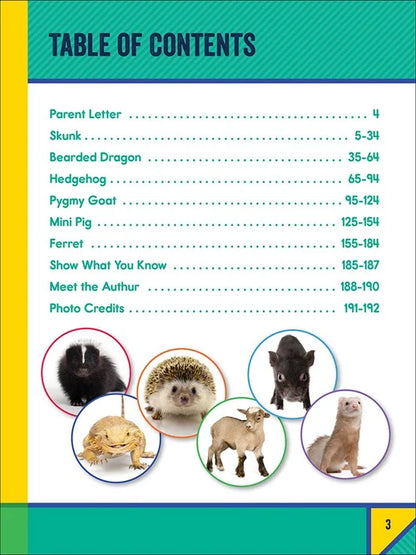 Table of contents page for a book about animals with images of skunk, bearded dragon, hedgehog, pygmy goat, mini pig, ferret, and rabbit.