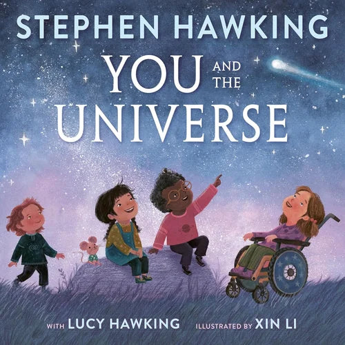 Book cover of 'You and the Universe' by Stephen Hawking with illustrations of children and a comet.