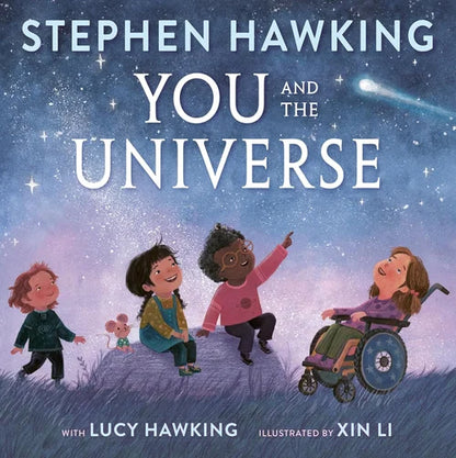 Book cover of 'You and the Universe' by Stephen Hawking with illustrations of children and a comet.