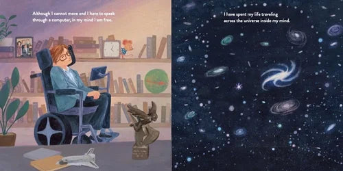 Illustration of a person in a wheelchair using a computer with a bookshelf in the background, transitioning to an illustration of space with stars and galaxies.