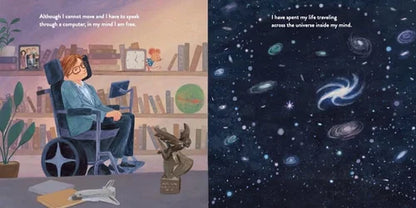 Illustration of a person in a wheelchair using a computer with a bookshelf in the background, transitioning to an illustration of space with stars and galaxies.
