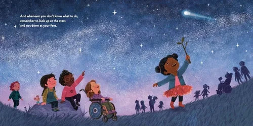 Illustration of children, including one in a wheelchair, looking up at stars on a hillside.