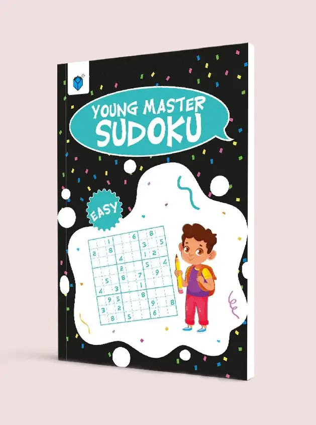A children's book titled 'Young Master Sudoku' with a black cover decorated with colorful confetti, a teal speech bubble, and an illustration of a boy solving a Sudoku puzzle, shown on a light pink background.