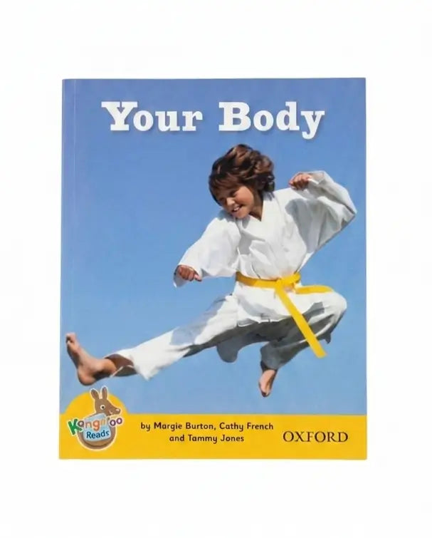 Children's book titled 'Your Body' showing a child in a white martial arts uniform with a yellow belt mid-leap against a blue sky. The cover includes the 'Hang 'n' Read' logo and Oxford branding.