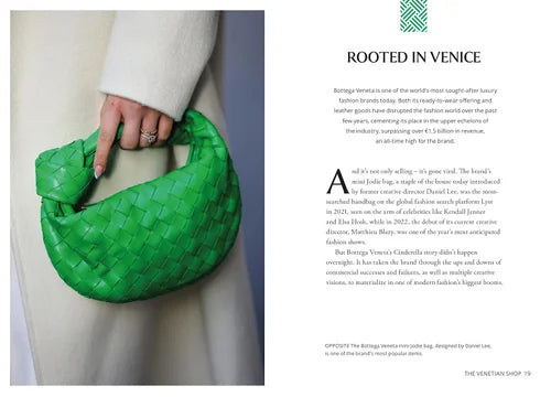Green woven handbag held by a person with text about Bottega Veneta.