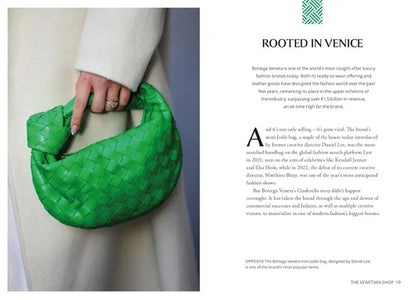 Green woven handbag held by a person with text about Bottega Veneta.