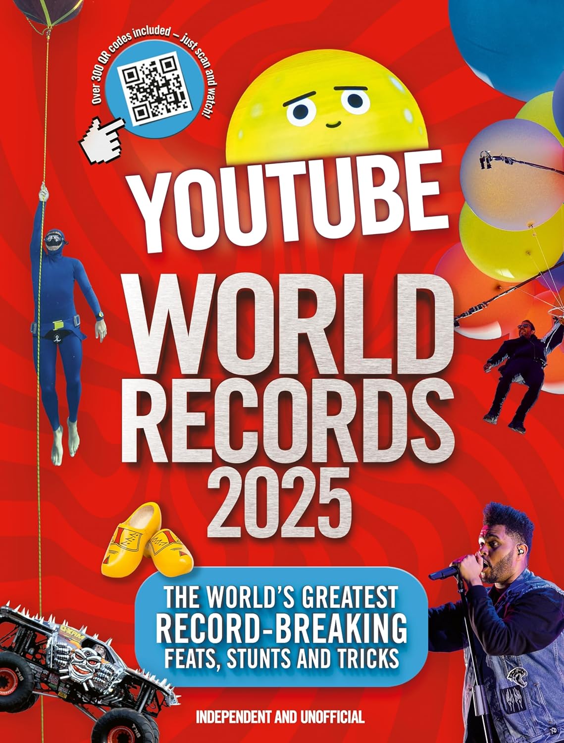 Cover of 'Youtube World Records 2025' book featuring various illustrations of record-breaking activities and a prominent yellow logo.