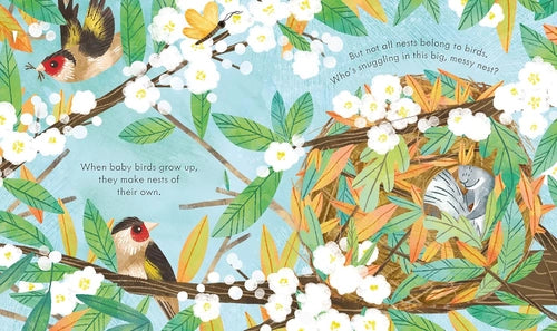 Illustration of birds and a nest with text on a colorful background