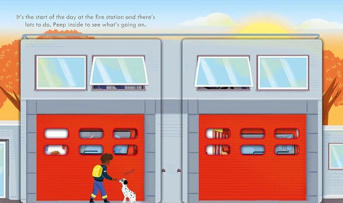 Illustration of a fire station with red doors and a child with a dog, set against a colorful background.