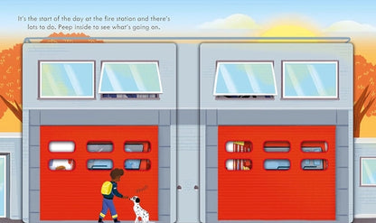 Illustration of a fire station with red doors and a child with a dog, set against a colorful background.