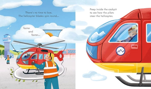 Illustration of a red helicopter with a person inside, spinning blades, and a control panel.