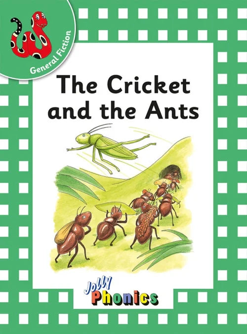Book cover of 'The Cricket and the Ants' with illustrations of a cricket and ants on a green and white checkered background.