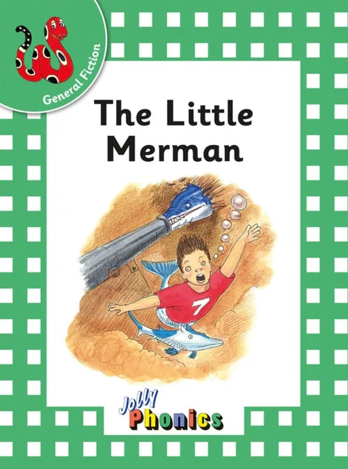 Book cover of 'The Little Merman' with a cartoon character on a green checkered background