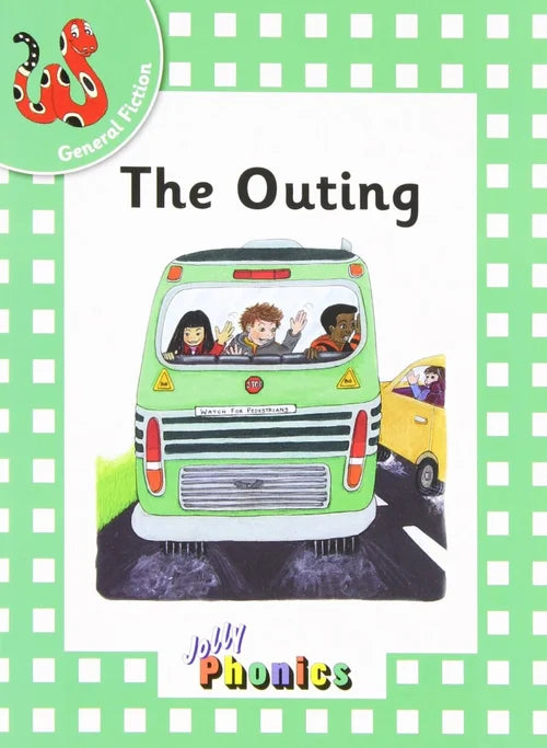 Book cover of 'The Outing' with a green bus and children on a green checkered background