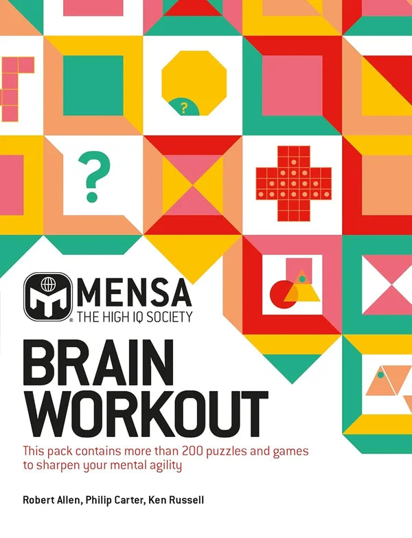 Cover of 'Mensa Brain Workout' with colorful geometric design and Mensa logo.