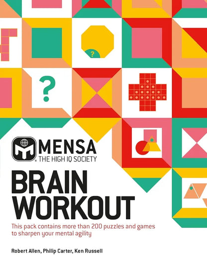 Cover of 'Mensa Brain Workout' with colorful geometric design and Mensa logo.