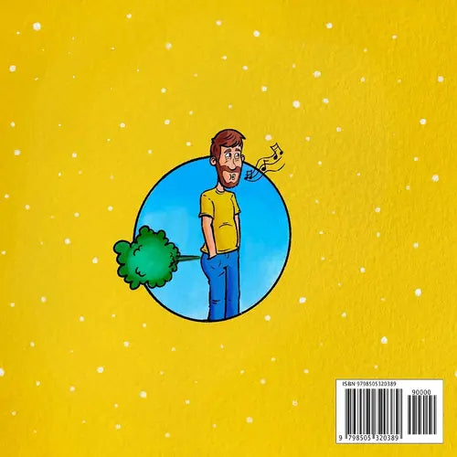 Cartoon illustration of a man with a beard blowing on a green leaf against a yellow background with white dots.