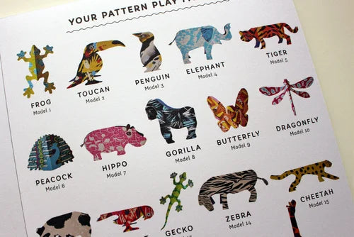 Sheet of animal pattern stickers with labels on a white background