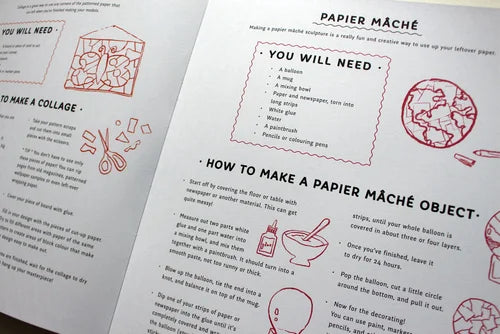 Instructions for making a papier mâché object with illustrations and text.