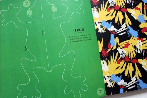 Green paper with white outline of a frog and colorful patterned paper on a white background