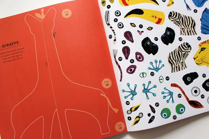 Children's activity book with a giraffe outline on one page and colorful animal illustrations on another.