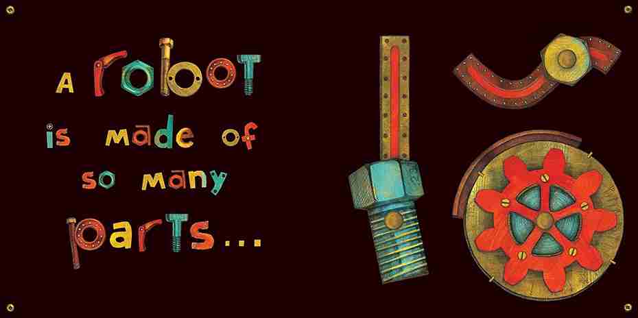 Colorful robot parts and text on a dark background