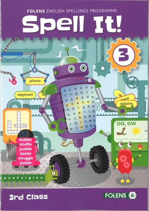 Book cover of 'Spell It! 3' by Folens with a robot and colorful design.