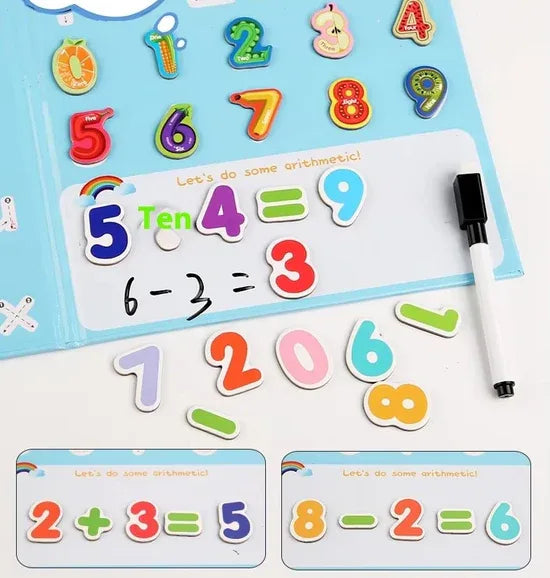 Educational children's board with numbers and arithmetic problems, featuring a marker.