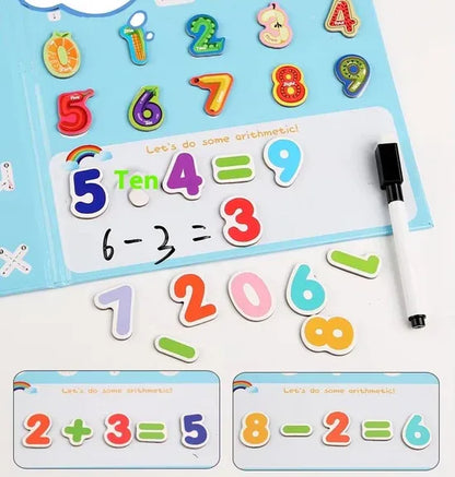 Educational children's board with numbers and arithmetic problems, featuring a marker.