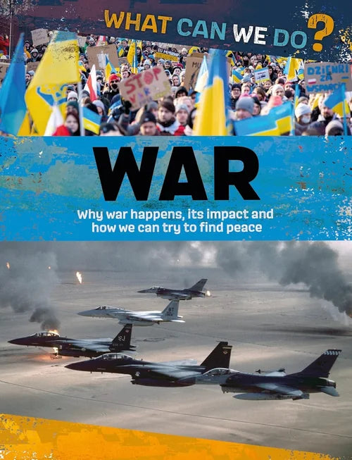 Book cover with military jets and a crowd, featuring text about war and peace.